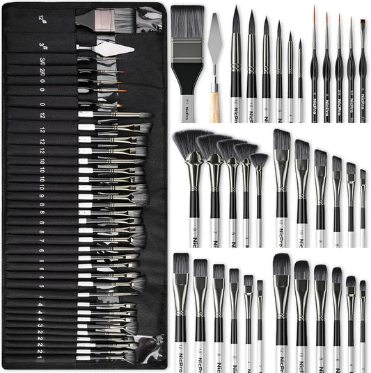 Nicpro 36pcs Paint Brush Set, Professional Paintbrushes with Palette Knife and Cloth Roll, Suitable for Artists and Beginners for Acrylic Painting, Oil, Watercolor, Gouache