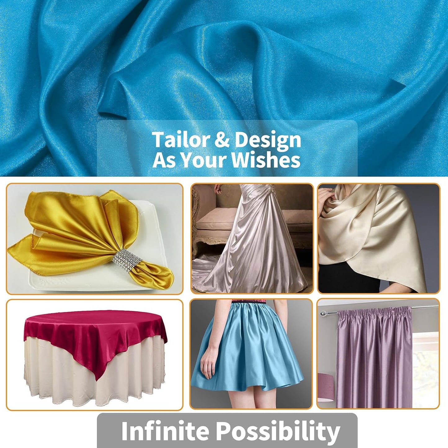 RUDONG M Aqua Blue Satin Fabric by The Yard, 5 Yard x 60 Inch Wide Silky Charmeuse Satin Fabric, Soft Satin Fabric for Wedding Decorations, Bridal Dress, Sewing, Accessories, DIY Crafts