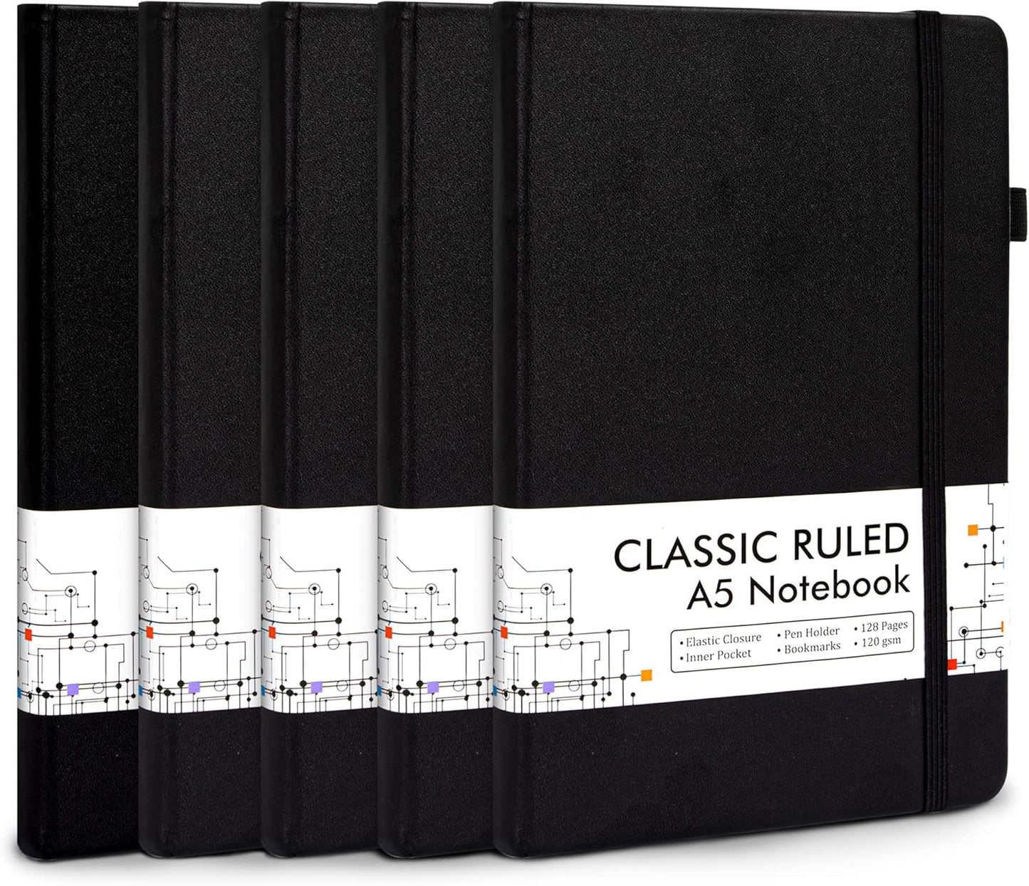 5 Pack Journal Notebook Bulk for School, Feela Hardcover Business Notebooks Classic Ruled Lined Journals with Pen Holder for Work Note Taking, with 5 Black Pens, 120 GSM, 5.1”x8.3”, A5, Black