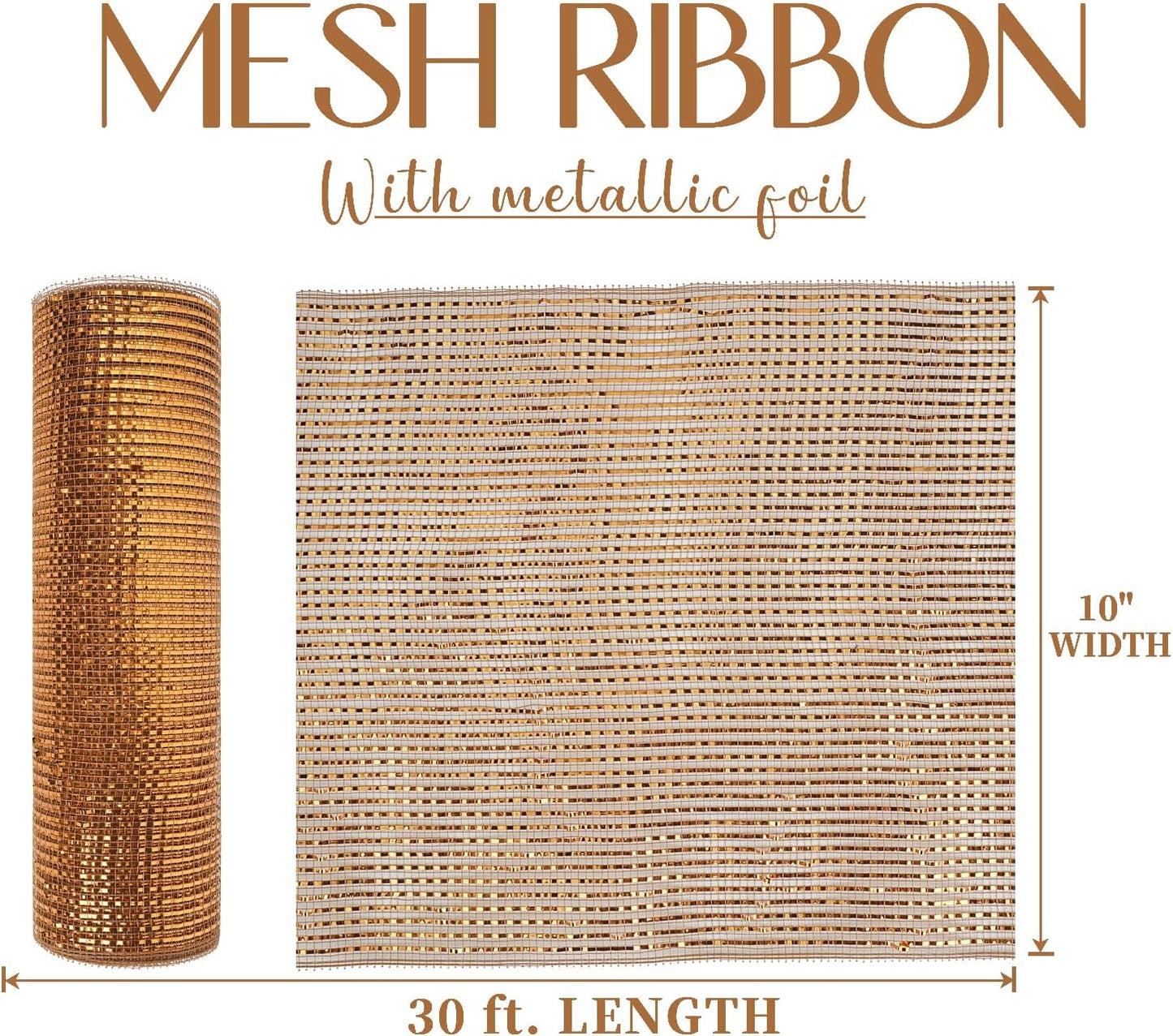 MEEDEE Deco Mesh Copper Brown Mesh Ribbon 10 Inch Deluxe Wide Foil Metallic Mesh Fall Deco Mesh Harvest Mesh Ribbon for Wreaths, Garland, Christmas Tree, Gift Wrapping, Bows Making (30 Feet)