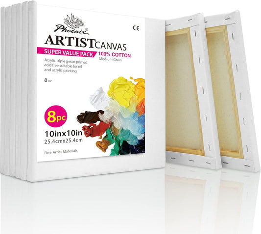 PHOENIX Square Canvas for Painting - 10x10 Inch/8 Value Pack, 8 Oz Triple Primed 5/8 Inch Profile 100% Cotton White Blank Canvas, Stretched Framed Canvas for Oil Acrylic