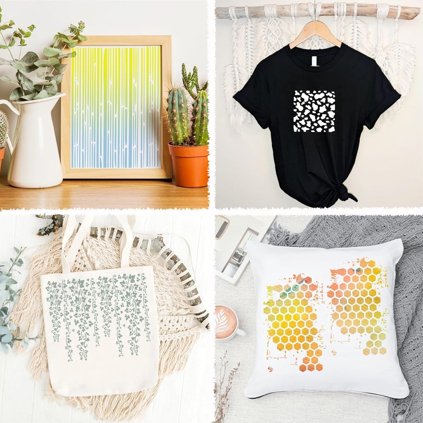 Cubist Mixed Media Layering Stencils for Painting on Wood, Texture Demask Leaf Tree Brick Striped Background Pattern Stencils for Crafts Wall Shoe Cards Canvas Furniture (Texture)