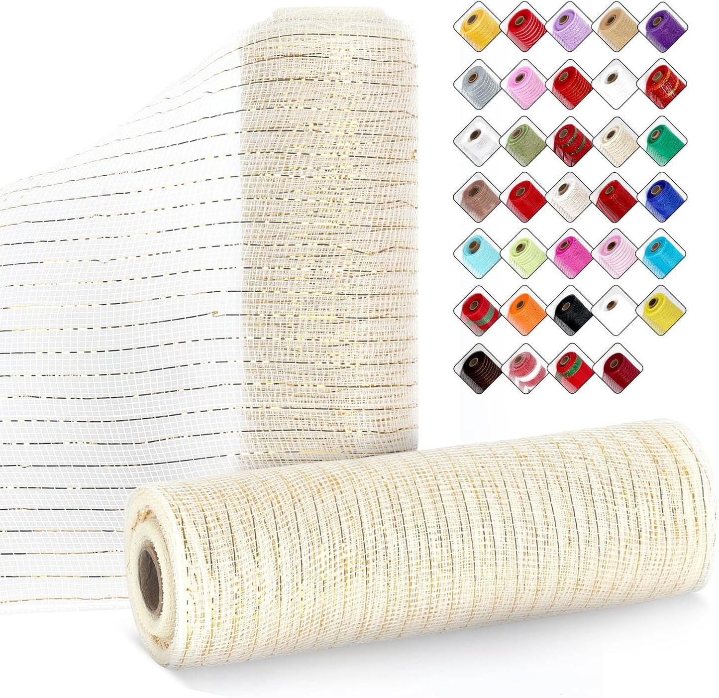 2 Rolls Mesh Ribbon for Wreaths 10 Inch x 30 Foot Wreath Mesh Rolls with Metallic Foil for Easter Christmas Party Wedding Home Decor DIY Craft Projects and Gift Wrapping (Beige)
