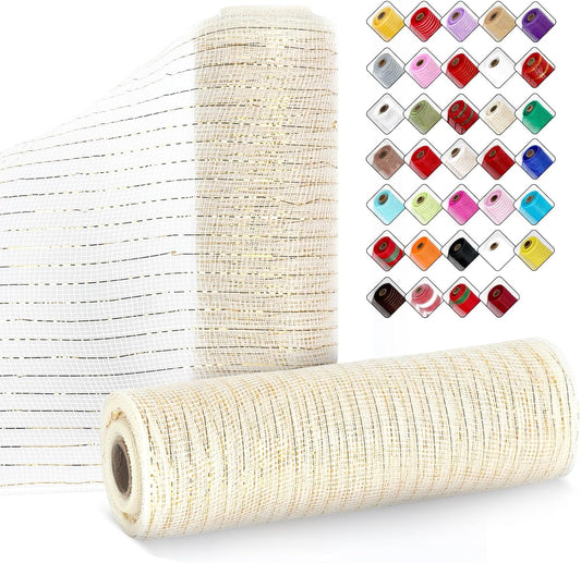 2 Rolls Mesh Ribbon for Wreaths 10 Inch x 30 Foot Wreath Mesh Rolls with Metallic Foil for Easter Christmas Party Wedding Home Decor DIY Craft Projects and Gift Wrapping (Beige)