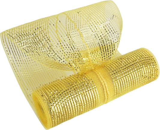 MEEDEE Gold Deco Mesh 10 Inch Deluxe Wide Foil Metallic Pull Up Mesh Yellow Gold Decorative Mesh Ribbon for Christmas Tree, Wreaths, Garland, Gift Wrapping, Bows Making (30 Feet)