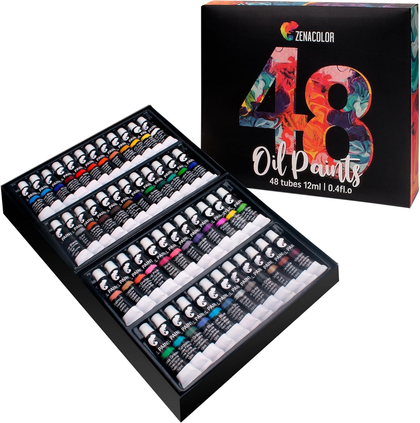 Zenacolor Oil Paint Set 48 x 12mL (0.4Oz) Pack of 48 Tubes of Oil Paints for Canvas Painting