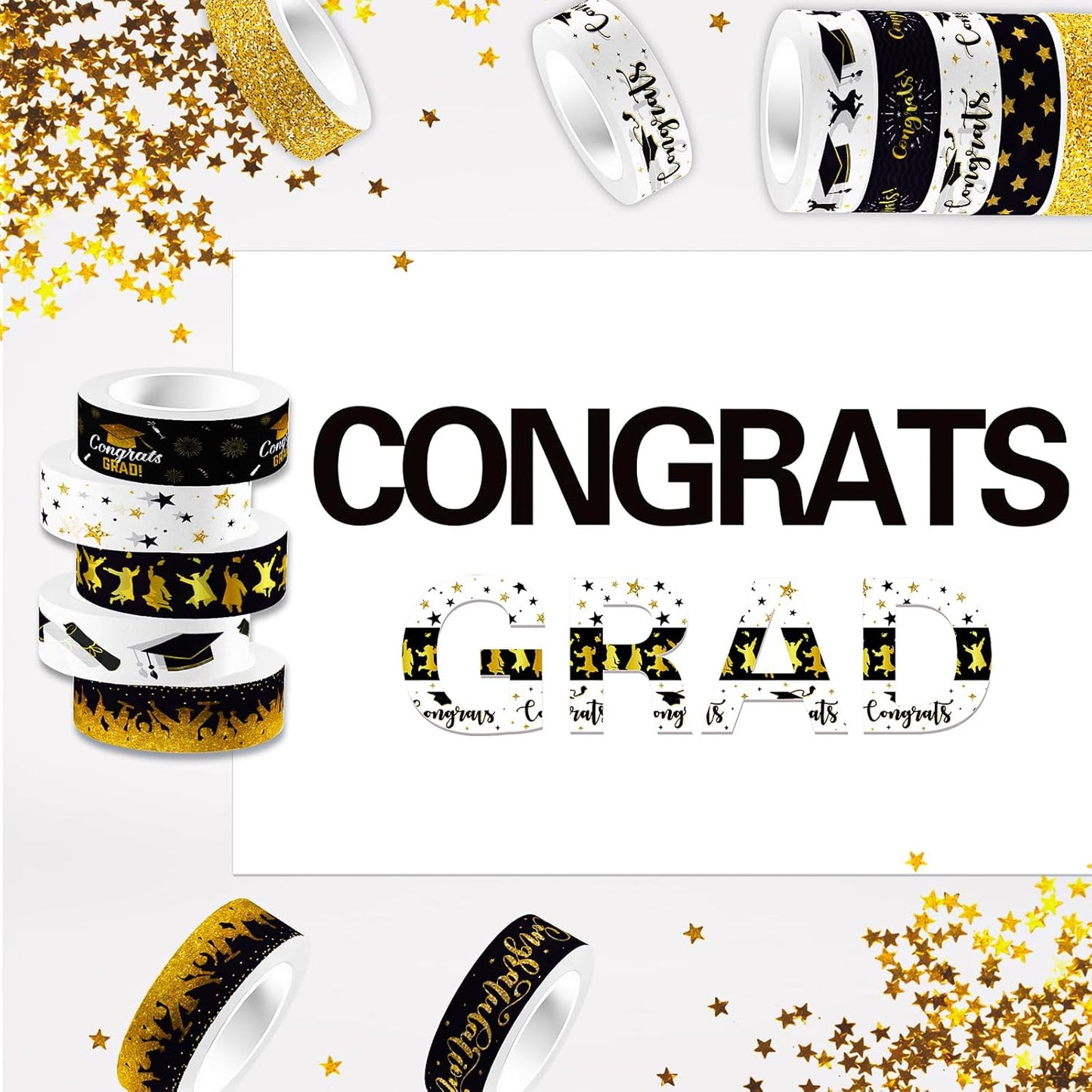 12 Rolls Graduation Washi Tape, Black Foil Gold Congrats Grad Masking Tapes, Congratulations Grad Cap Decorative Paper Stickers for Graduation Scrapbook Gift Wrapping DIY Art Crafts 16.4FT