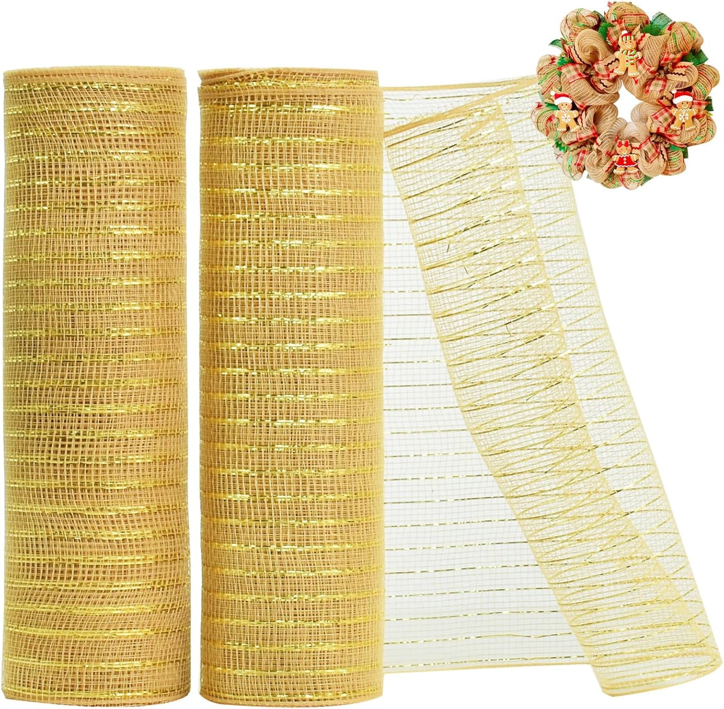 TONIFUL 2 Rolls 10 Inch Khaki Decorative Mesh Ribbbon Rolls, Fabric Mesh with Foil for Wreath Supplies, Front Door Wreath Crafts Tree Decor Christmas NewYears Halloween Decoration (10 yds/roll)