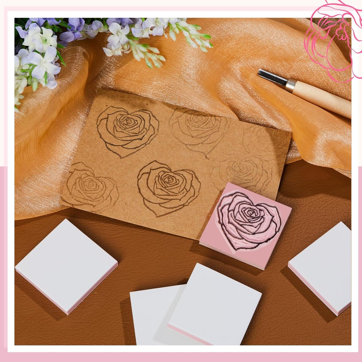 Frienda 24 Pcs 2" x 2" Rubber Carving Blocks Linoleum Blocks for Printmaking, Stamp Making, DIY Crafting, Scrapbook, Painting, Soft and Easy to Carve (White Pink)