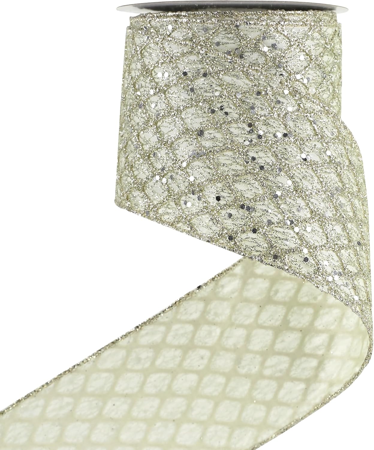 HUIHUANG Champagne Wired Ribbon 4 inch Glitter Christmas Tree Ribbon Diamond Mesh Wire Ribbon for X-mas Tree Decorations, Wreaths, Garland, Large Bows Making, Wedding Decor -10 Yards