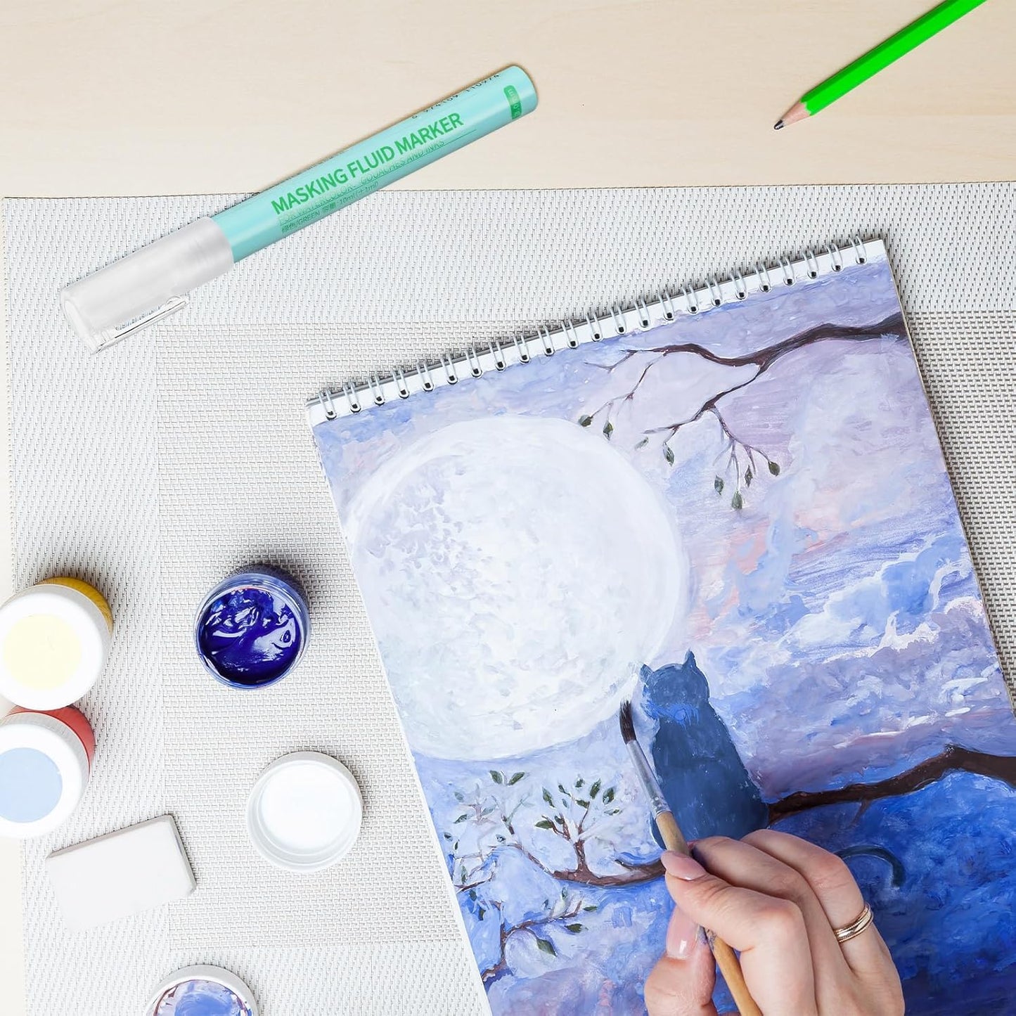 2 Pcs Masking Fluid Pen for Watercolor Painting, Capacity with Applicator Tip, Masking Fluid Marker for Various Art Projects Watercolor Ink(Green,3mm)