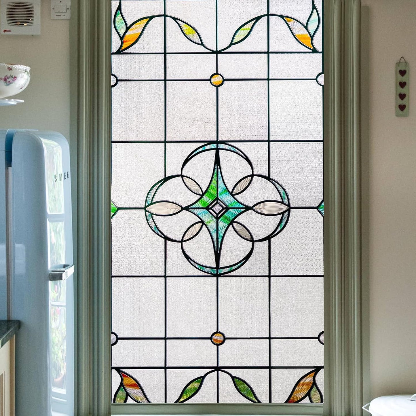 3D Stained Glass Window Privacy Film, Heat Control UV Blocking Static Cling Decorative Window Film for Bathroom,Front Door,Home Non Adhesive,16.9 x 39.3 inches Verdant Whispers