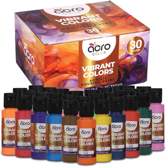 Acrylic Pouring Paint Set - 30 Basic, Neon, Metallic, and Pastel Colors - Easy To Use & Ready To Pour Acrylic Paint for Canvas, Paper, Wood, and More - 2 Ounce Bottles