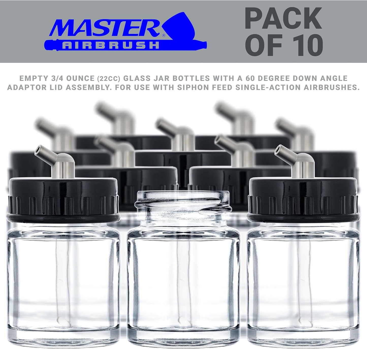 Master Airbrush (Pack of 10) TB-003 Empty 3/4 Ounce (22cc) Glass Jar Bottles with 60° Down Angle Adaptor Lid Assembly - Fits Single-Action Siphon Feed Airbrushes, Use with Master Badger Paasche, Iwata