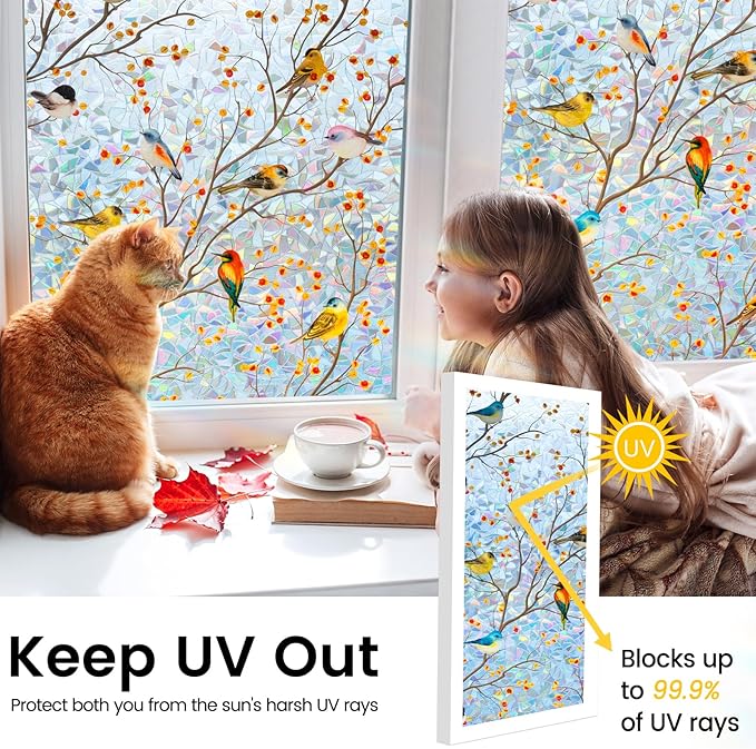 DKTIE Country Rustic Window Privacy Film Rainbow Film Decorative Window Sticker, UV2 Static Stained Glass Cling Tint for Home Heat Control Non-Adhesive (S3533, 17.7in X 118.1in)