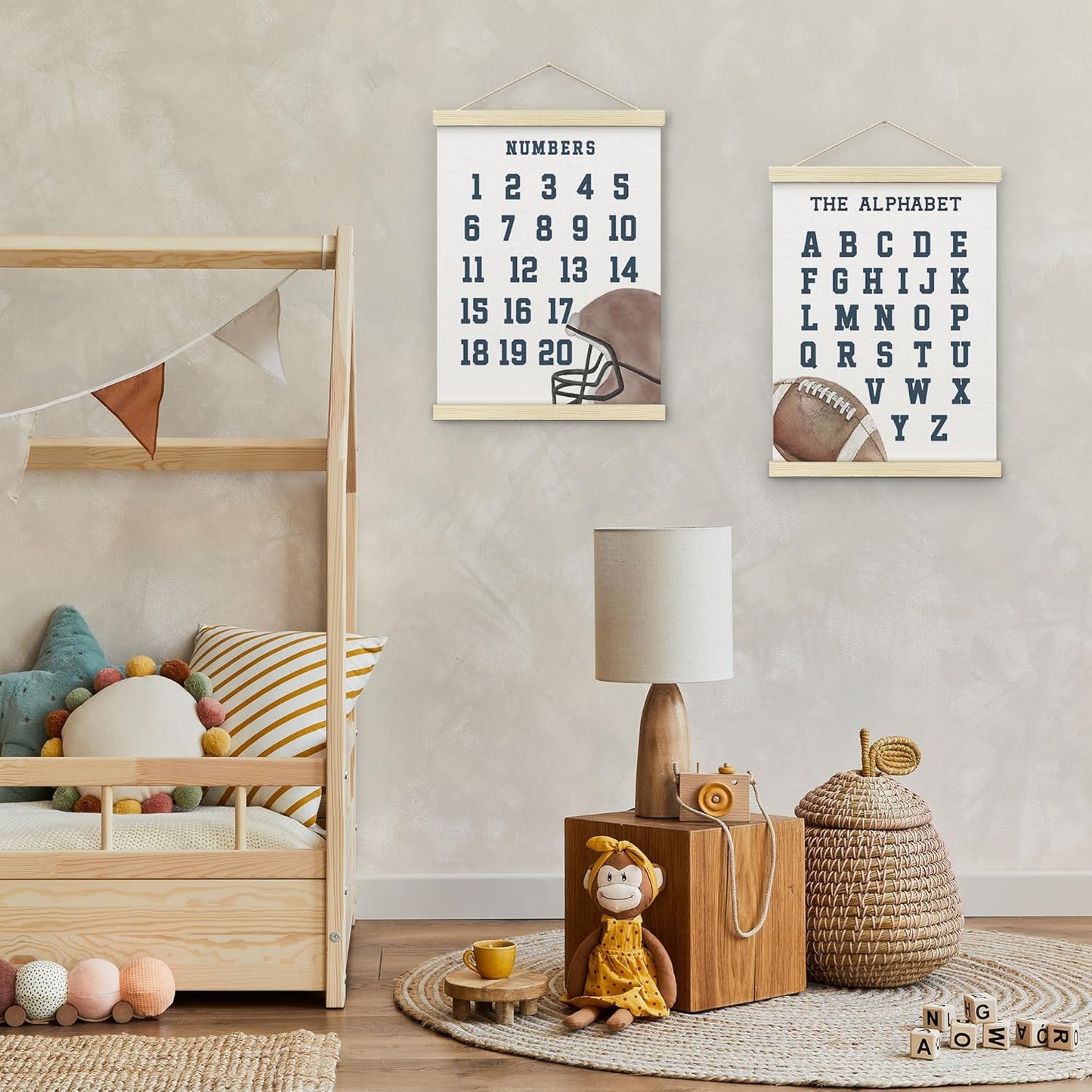 BONETAT Numbers alphabet poster for Nursery Toddlers, Play Room Wall Decor, ABC Wall Chart, Wall Hanging Decor for Toddler Playroom Decor Kids Wall Decor, Wooden Frame Alphabet Banner-A01