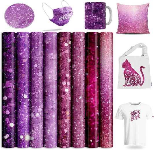 Sublimation Transfer Sheets for Tumblers Blanks Tshirts,Purple Glitter Sublimation Transfer Paper for Heat Press Machine,8pcs,12x12