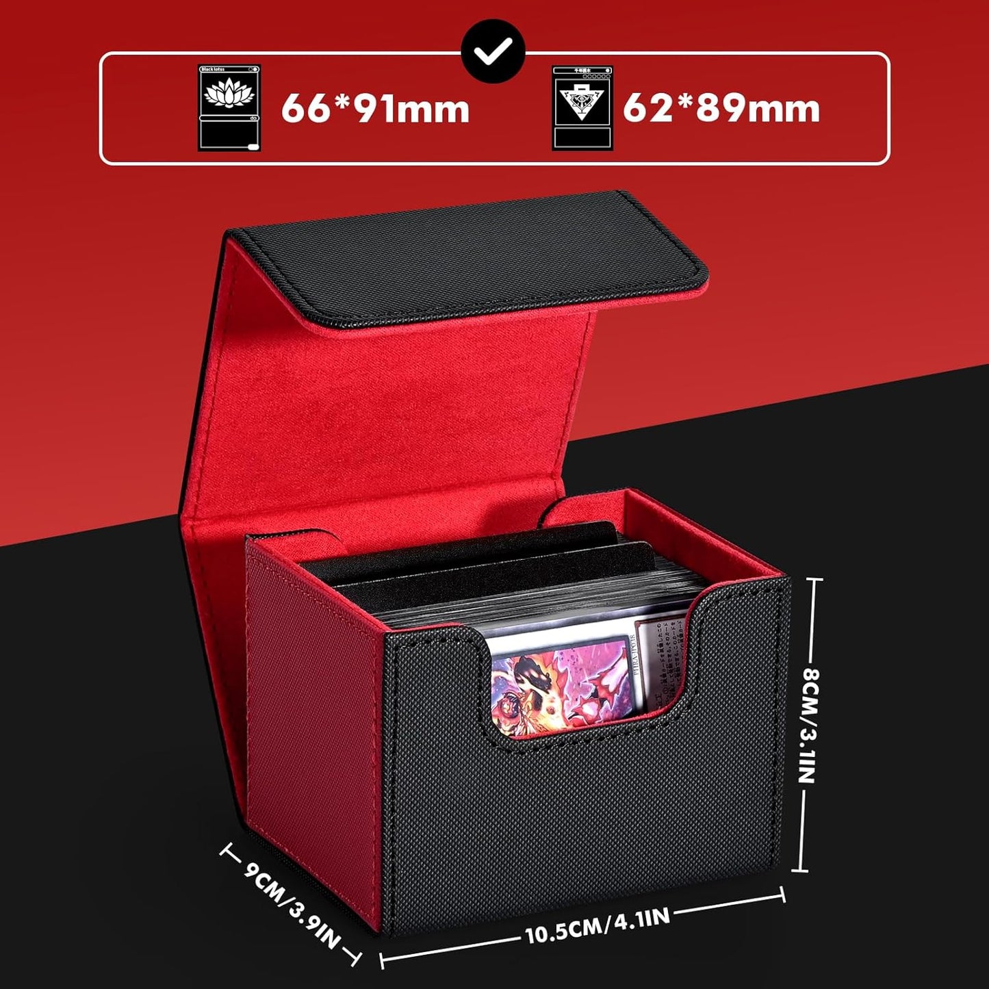 ZLCA Card Deck Box for Trading Cards, MTG Commander Deck Box Holds 120+ Single Sleeved, Leather Magnetic Card Storage Case Fits for TCG CCG Magic (Red& Black)
