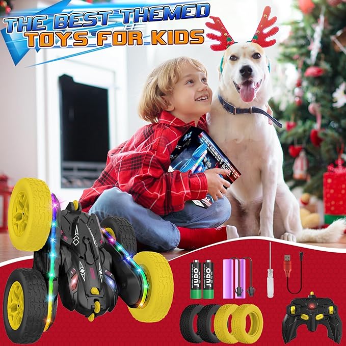 Remote Control Car,RC Cars with Sides Light Strip and Headlights,Double Sided 360 Flips Rotating RC Stunt Car,2.4Ghz All Terrain Toys for Ages 4-8 Kids Toy for Boys Birthday Gift(Black)