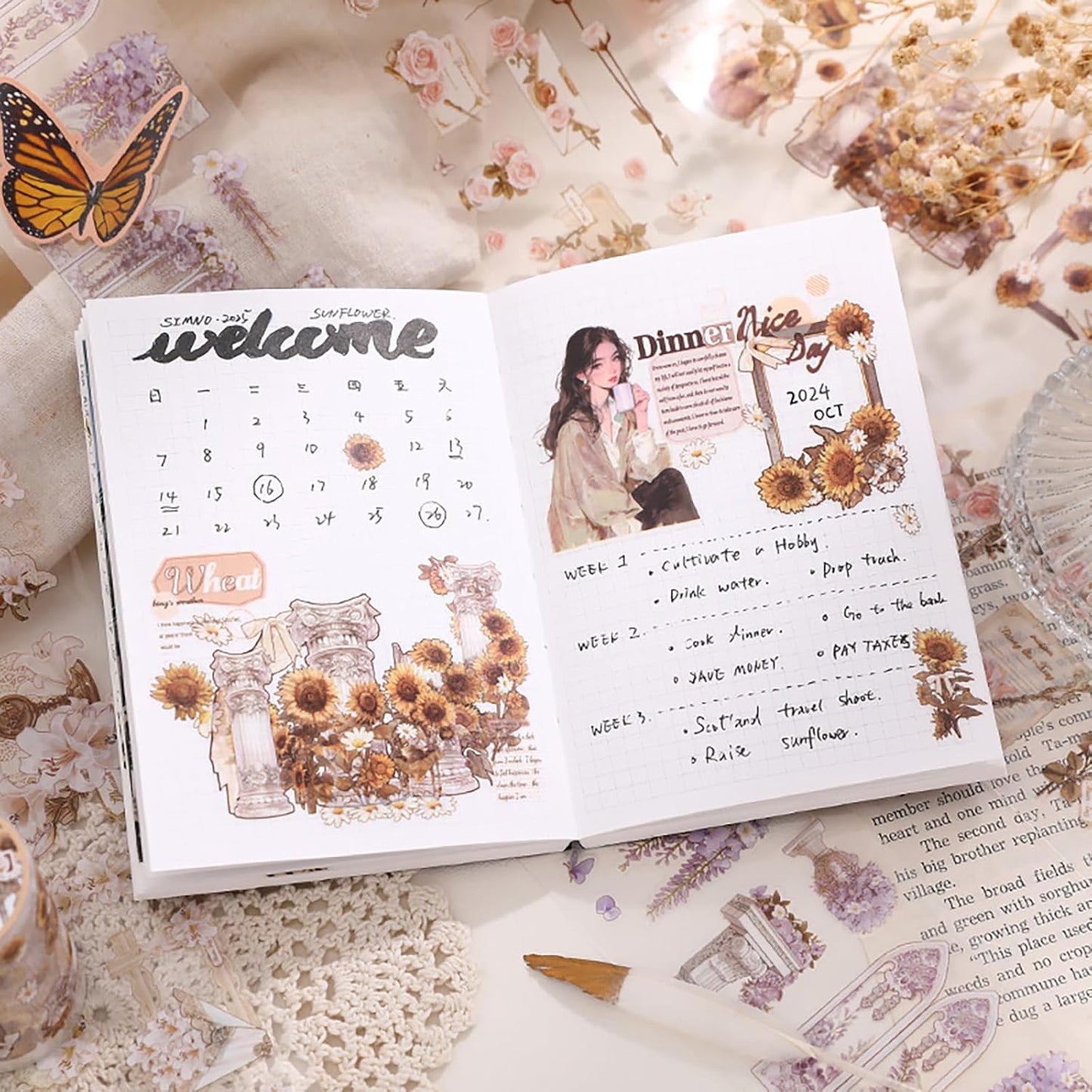 4 Rolls Pre-Cut pet Flower Tape Stickers Flower Vintage Stickers Decorative Tape Aesthetic Stickers for Journaling, Scrapbook Supplies