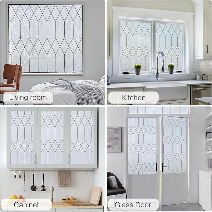Windimiley Window Privacy Film Stained Glass Static Clings, Bathroom Frosted Leaded Decorative Window Stickers, UV Heat Blocking Opaque Removable for Home Door Coverings (35.4 x 118.17in,Rain)
