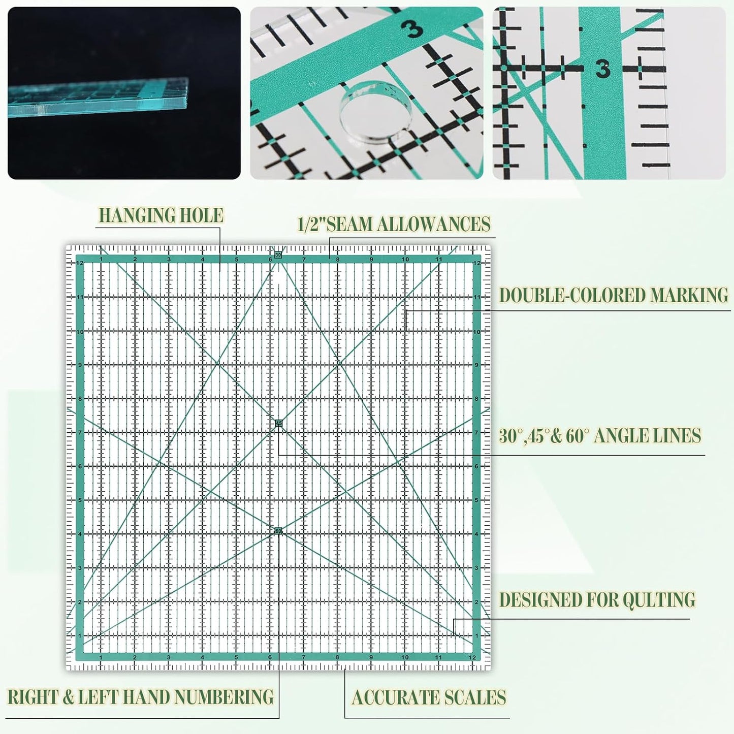6 Pcs Quilting Rulers and Templates, Quilt Ruler, Acrylic Square Ruler, with Silicone Non-Slip Mat and Storage Bag (3.5"x3.5", 5"x5", 8"x8", 10"x10", 12.5"x12.5", 2"x12")