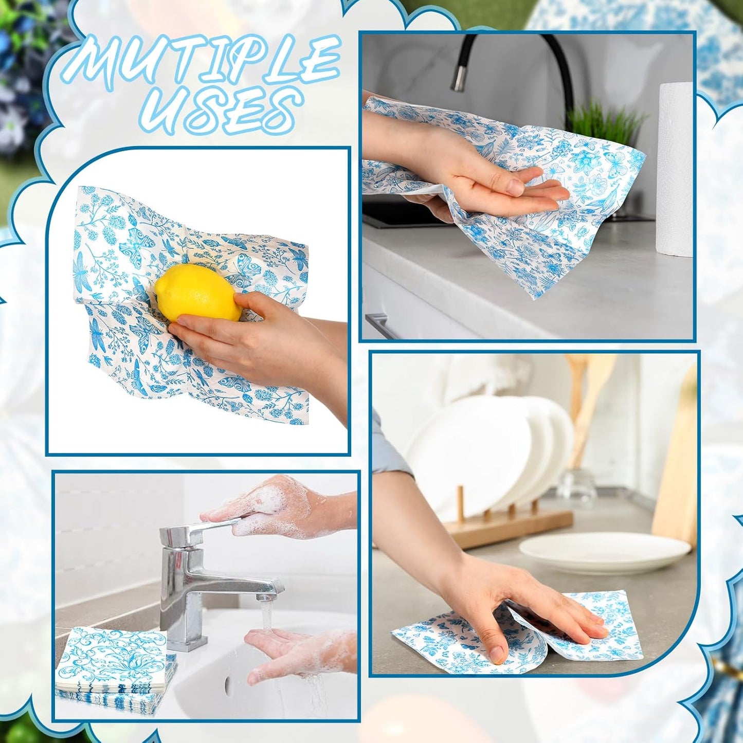 150 Pcs Blue Floral Cocktail Napkins 10 x 10 Inch 6 Styles Assorted Blue Flower Paper Disposable Napkins for Decoupage Home and Kitchen Bridal Baby Shower Tea Party Garden Party Birthday