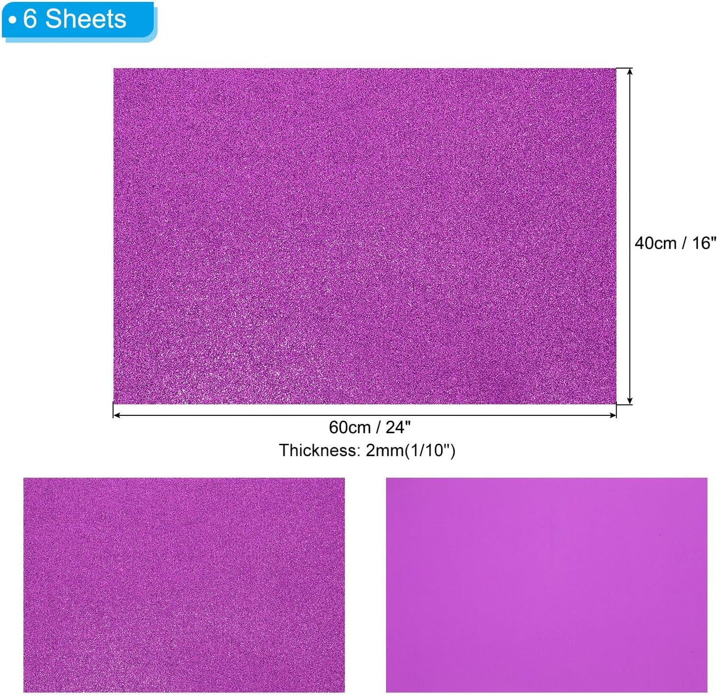 PATIKIL 2mm(1/10") Thick Non Adhesive Glitter Foam Sheet 16x24inch(40x60cm) Purple, EVA Shiny Foam Board for Craft, 6 Pcs