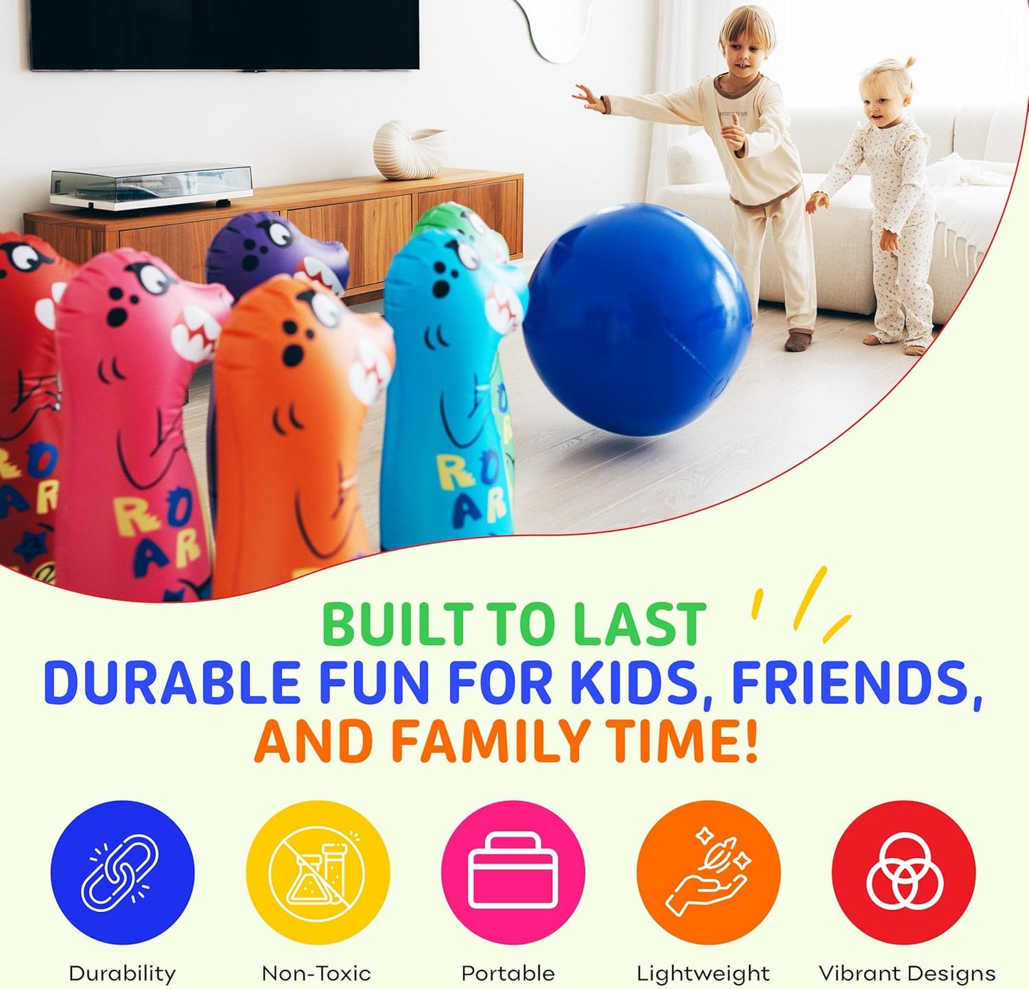 Inflatable Dinosaur Bowling Set for Kids – 6 Giant 26” Pins & 24” Ball – Fun Indoor/Outdoor Game – Educational Motor Skills Toy – Great Birthday Gift – Teaches Numbers, Letters & Shapes