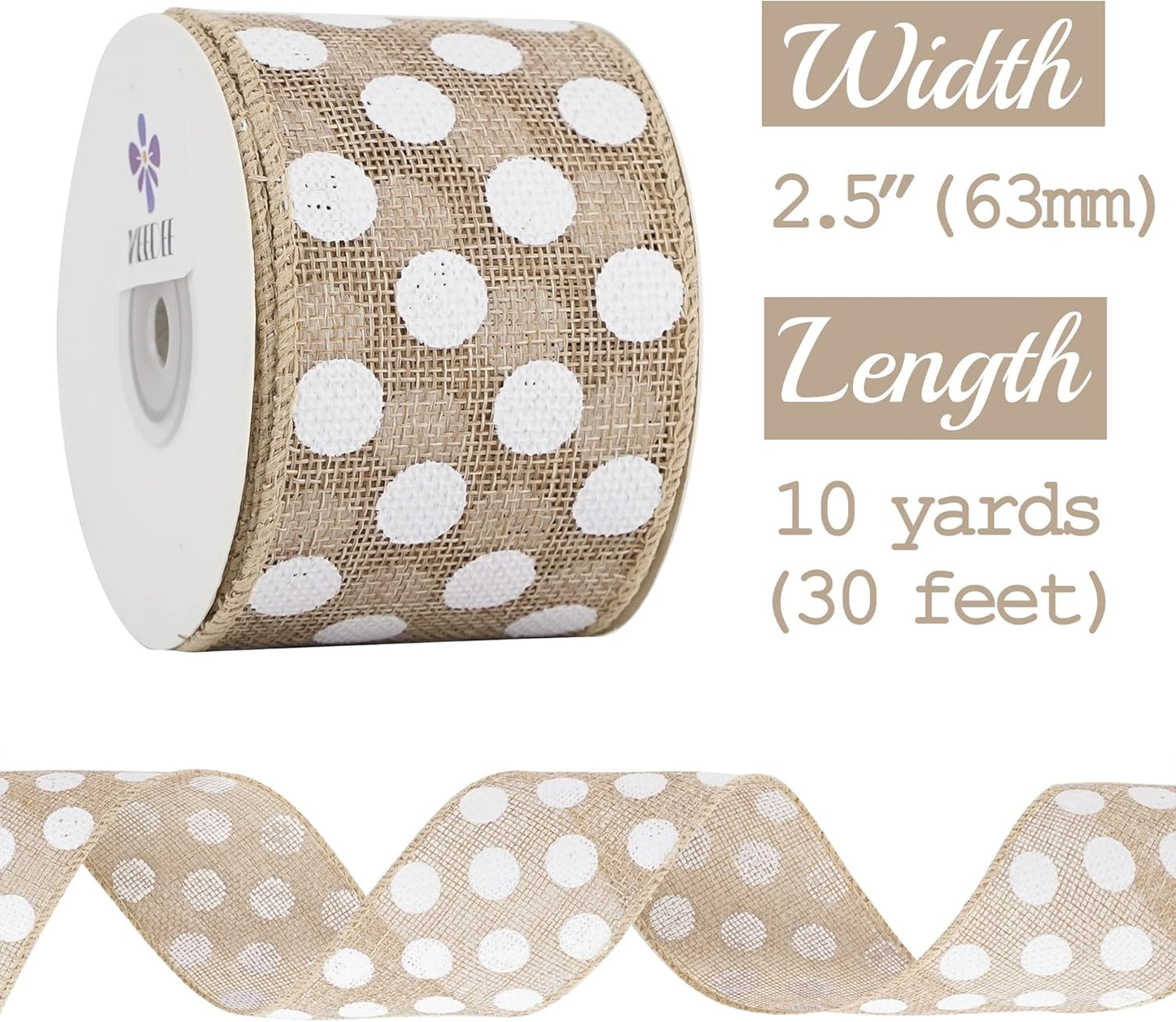 MEEDEE Burlap Ribbon with White Polka Dots - 2.5 Inch Natural Linen Wire Edge Craft Ribbon for Baby Shower, Beach, Farmhouse Gift Basket, 10 Yards