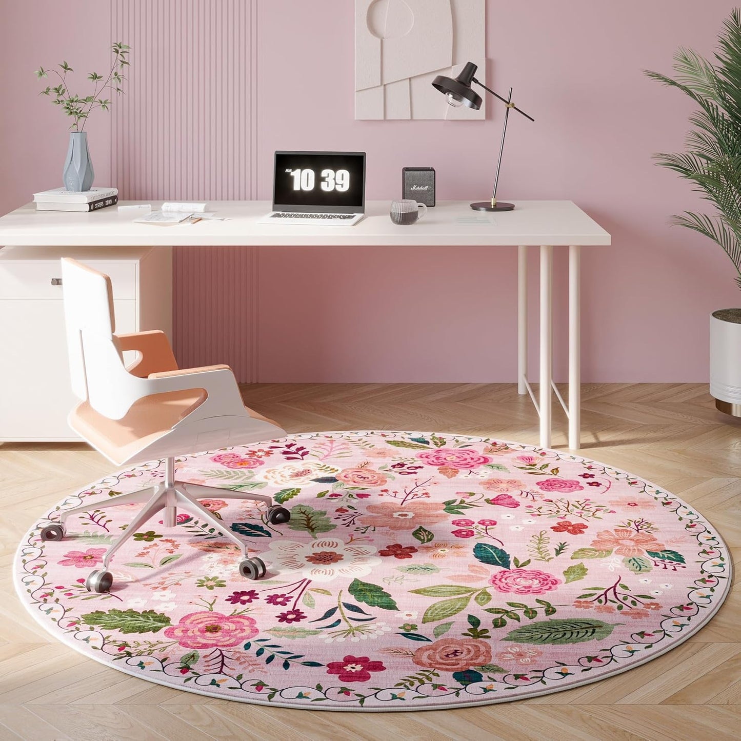 Rugcomf Round Rug 4ft Washable Circle Rug Non Slip Low Pile Boho Floral Small Circular Rug for Bedroom, Bathroom, Entryway, Kids Room, Office, College Dorm(Pink)