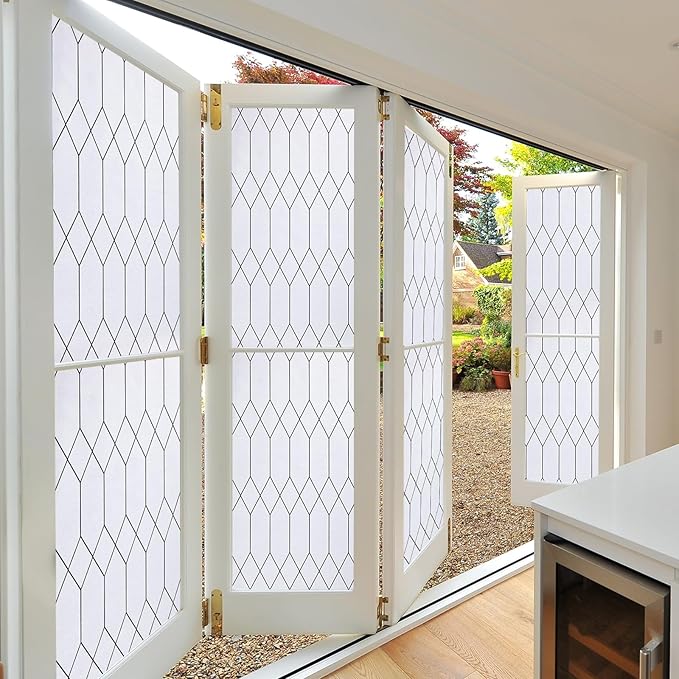 Windimiley Window Privacy Film Stained Glass Static Clings, Bathroom Frosted Leaded Decorative Window Stickers, UV Heat Blocking Opaque Removable for Home Door Coverings (17.5 x 78.7in,White)