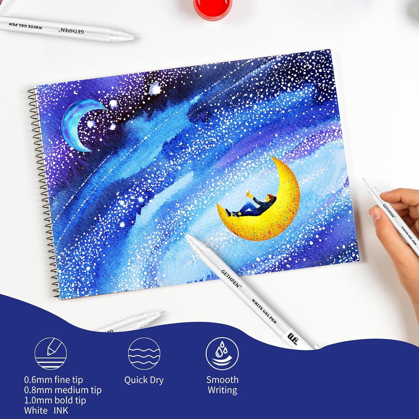 White Gel Pens 3-Pack - 0.6/0.8/1.0mm Fine to Bold Tips for Journaling & Art - Opaque Ink on Dark Paper, Holiday Cards & DIY Gifts