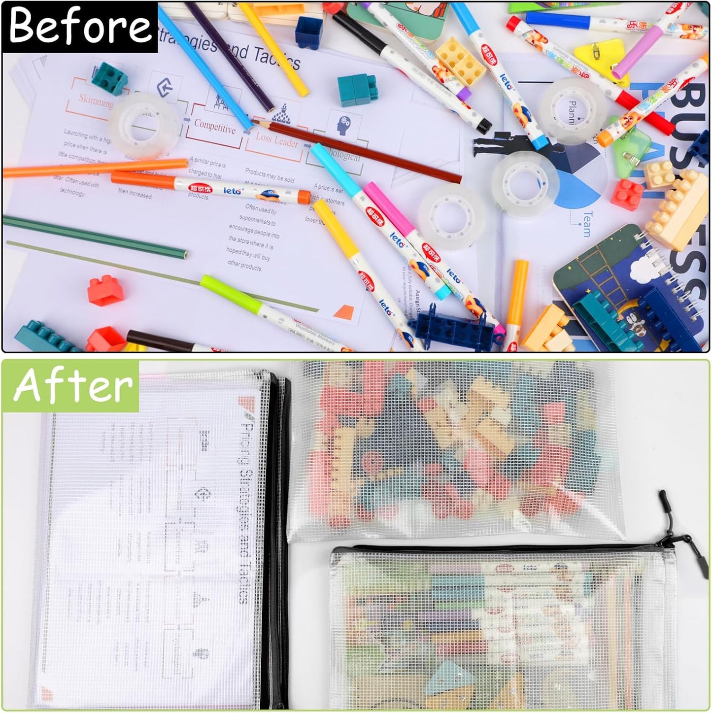 24pcs Mesh Zipper Pouches, A3 Size 17 x 12 inches Waterproof Black Zipper Bags, Water-Resistant Plastic Zipper Pouch for School Office Supplies, Puzzles & Games Organizing Storage