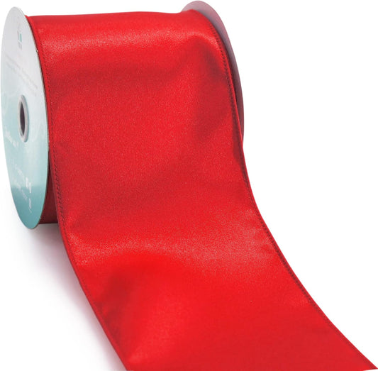 CT CRAFT LLC Satin Wired Ribbon 4 Inch x 20 Yards Red for Christmas Home Décor Gift Wrapping Tree Topper Bow Wreath DIY Crafts,