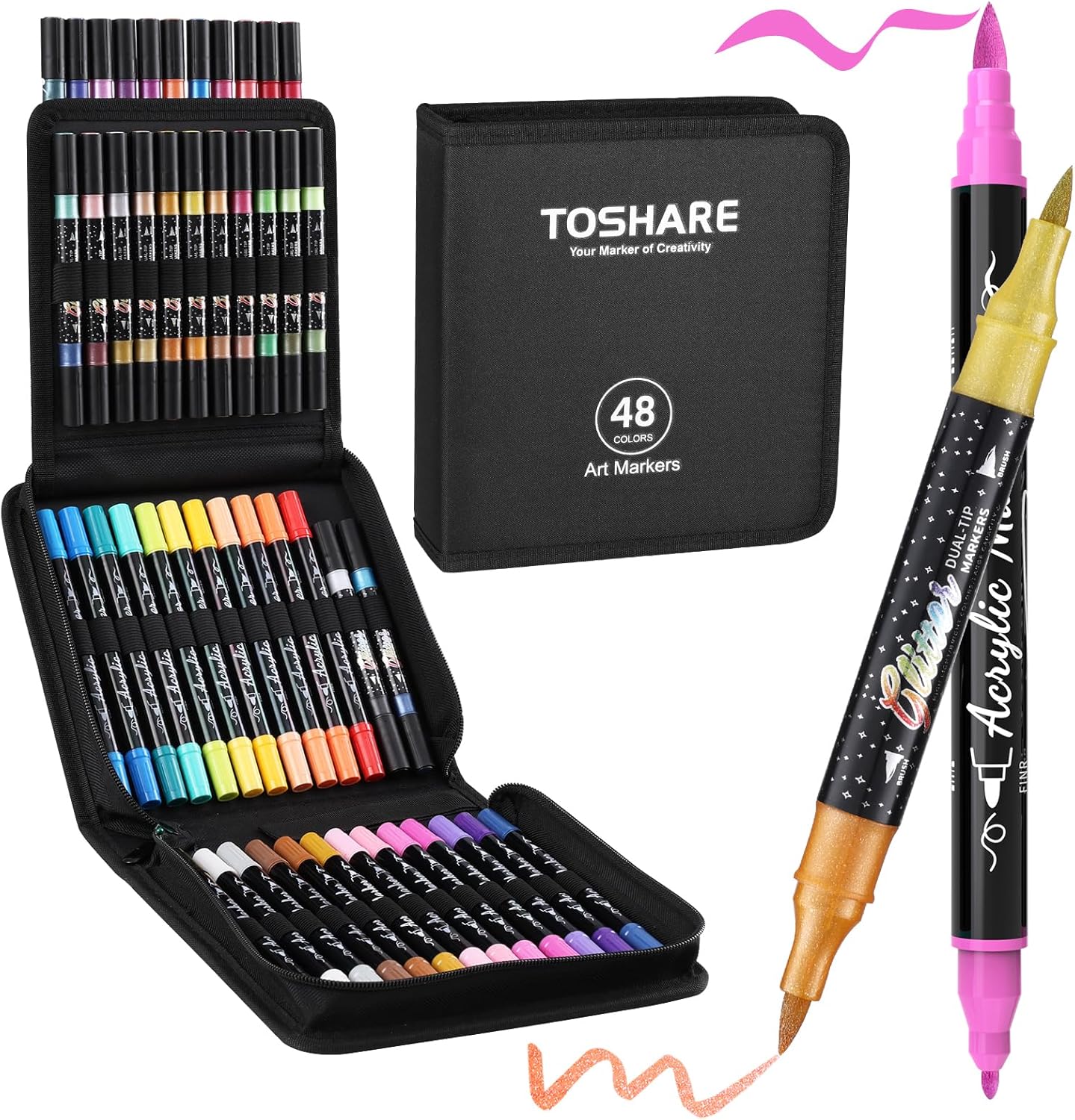 TOSAHRE 72 Colors Dual Tip Glitter Markers & Acrylic Marker Set Paint Pens 24 Pack+ Glitter Brush Marker 24 Pack (48 Colors) for Coloring Rock Wood Painting Scrapbooking Card Making & DIY (48 Pack)