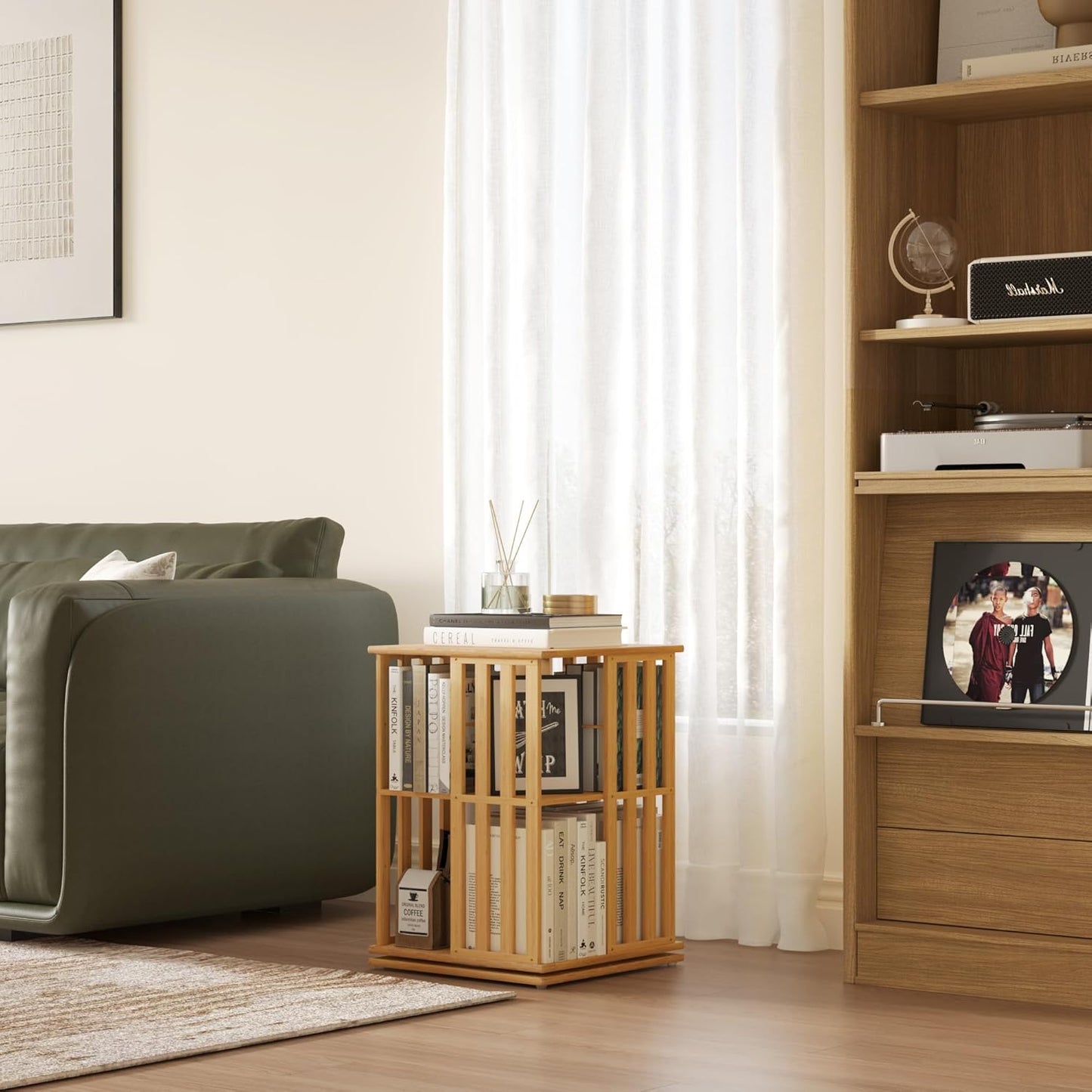 YOWOS Rotating Bookshelf Tower, 360 Display Spinning Bookcase, Bamboo Bookshelf Floor Standing Storage Rack, Wood Narrow Book Shelf Organizer for Kids&Adults (Nature, 2 Tier)