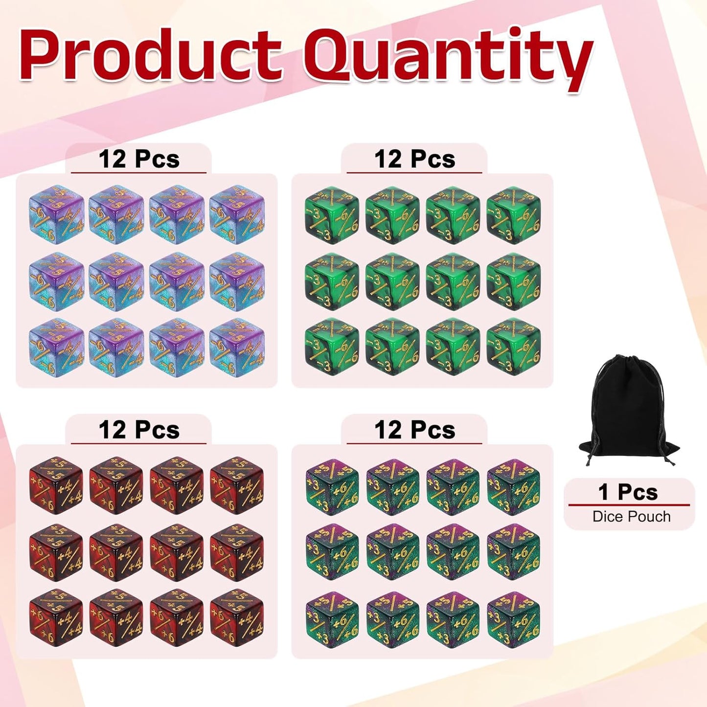 uxcell 48Pcs Magic Dice Counters, Acrylic D6 Life Token Dice Set with Pouch for Standard Cards Gaming Accessories, Red & Black, Green & Black, Green & Purple, Blue & Purple