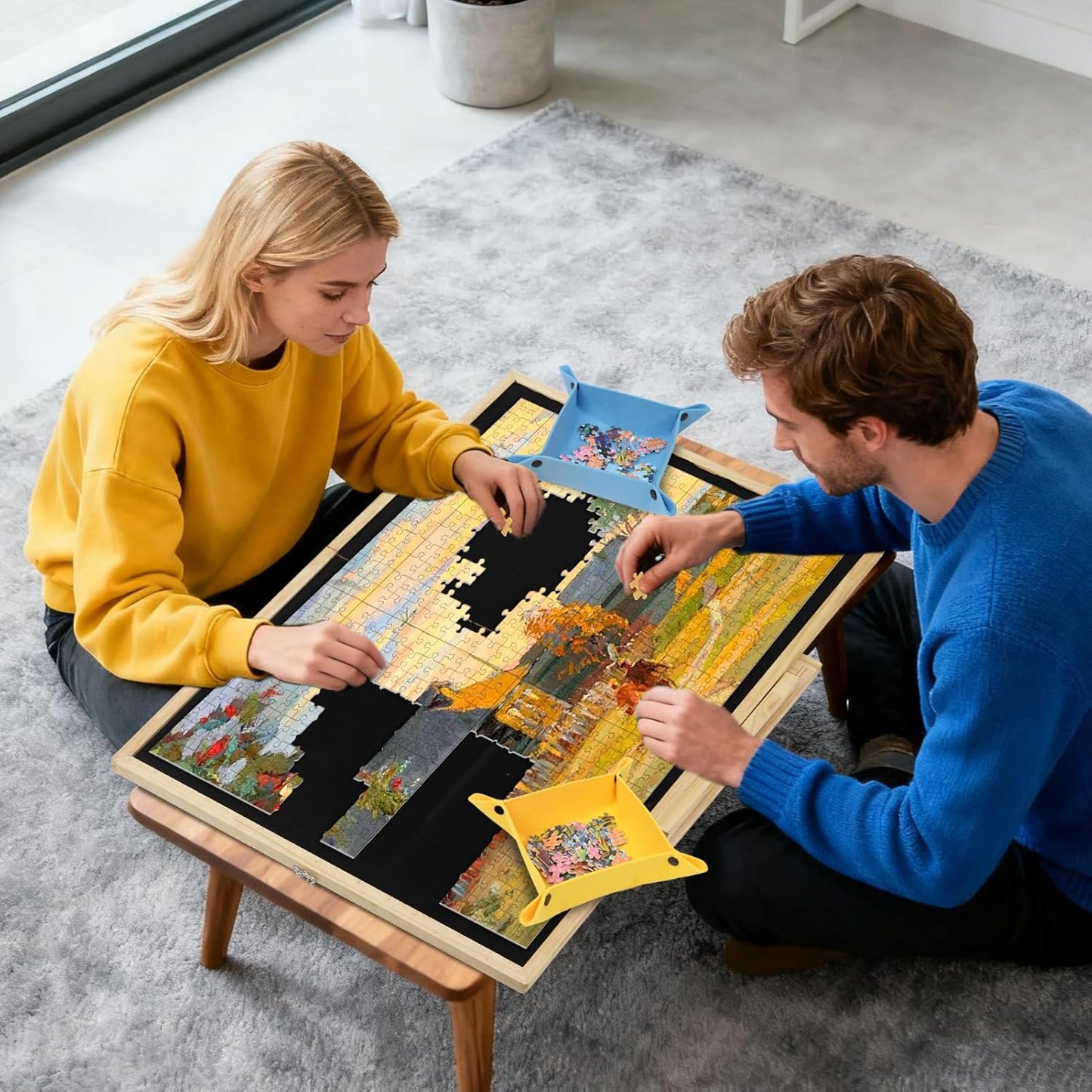 Foldable Puzzle Board, 2-in-1 Tilting & Rotating Wooden Jigsaw Puzzle Table 1500 Pieces with 4 Non-woven Drawers, 36"×26" Portable Puzzle Board with Upgraded Lazy Susan for Adults & Kids, Gift for Mum