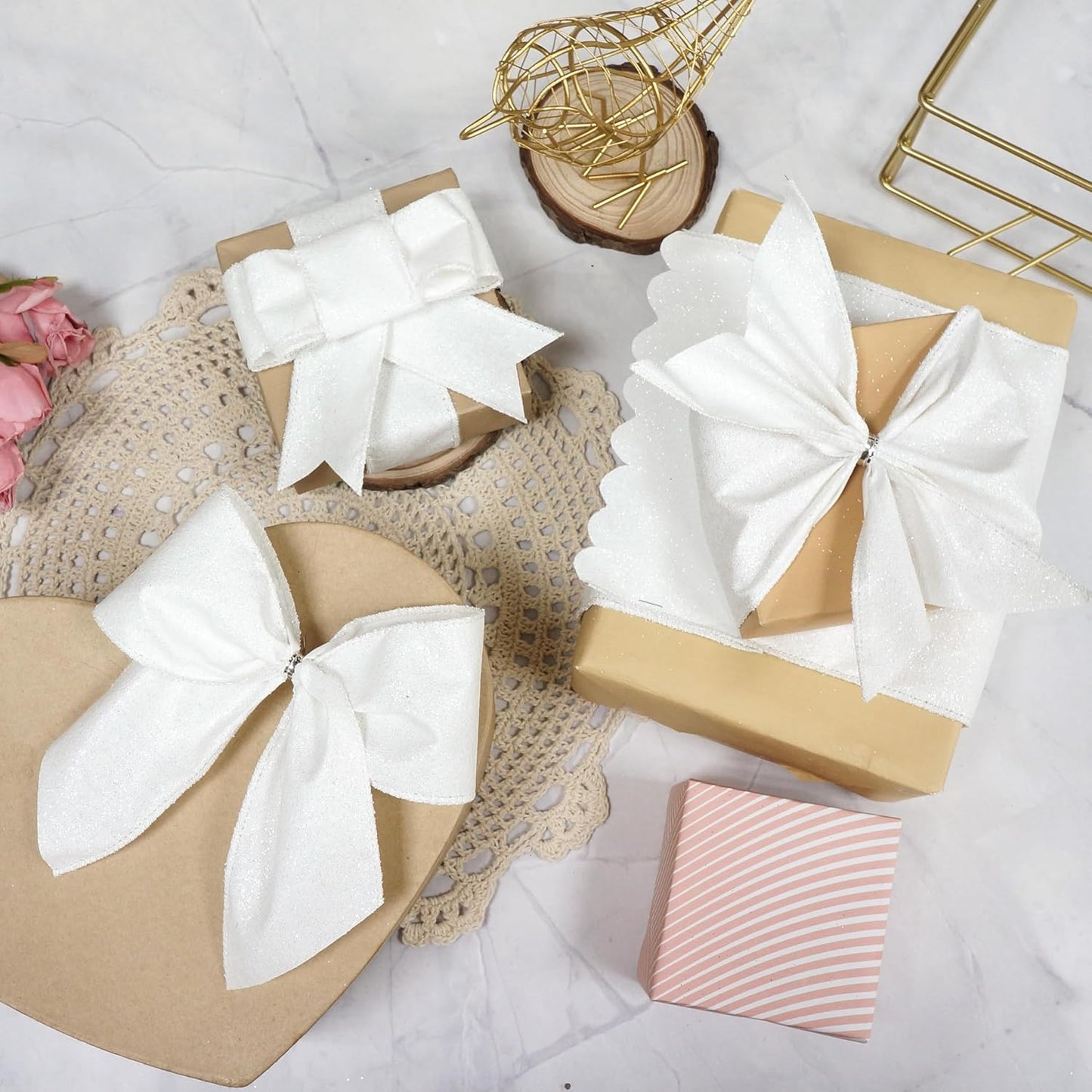 CT CRAFT LLC Glitter Wired Ribbon 1.5" x 20 Yards White for Christmas Home Decor Bow Gift Wrapping DIY Crafts Wreath