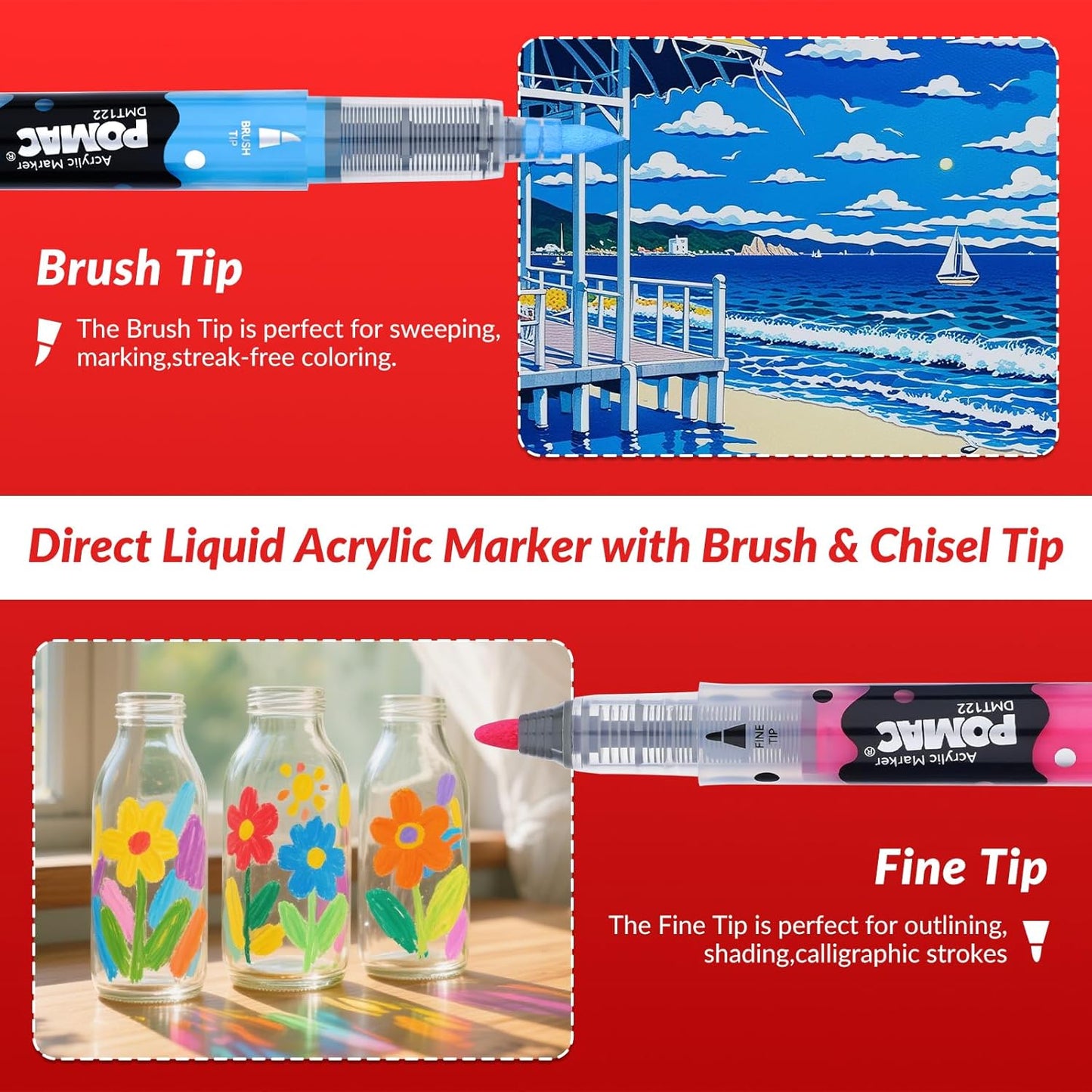 POMAC Dual Tip Acrylic Paint Markers Pens 12 Assorted Colors, Direct Liquid Acrylic Marker with Brush & Fine Tip, Water-Based Paint Marker for Fabric, Canvas, Rock, Glass, Wood, Crafts, Art Supplies