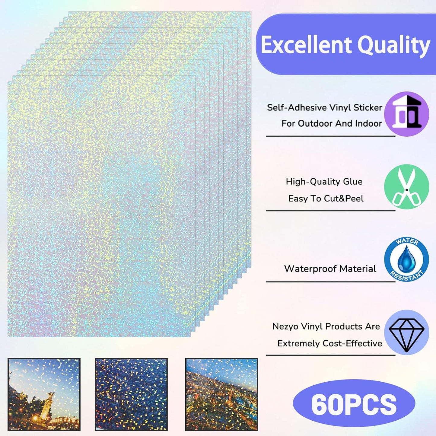 60 Sheets Holographic Laminate Sheets Clear Glitter A4 Size Vinyl Sticker Paper Holographic Overlay Self Adhesive Waterproof Transparent Film, 11.7 x 8.3 Inch (Little Dot)