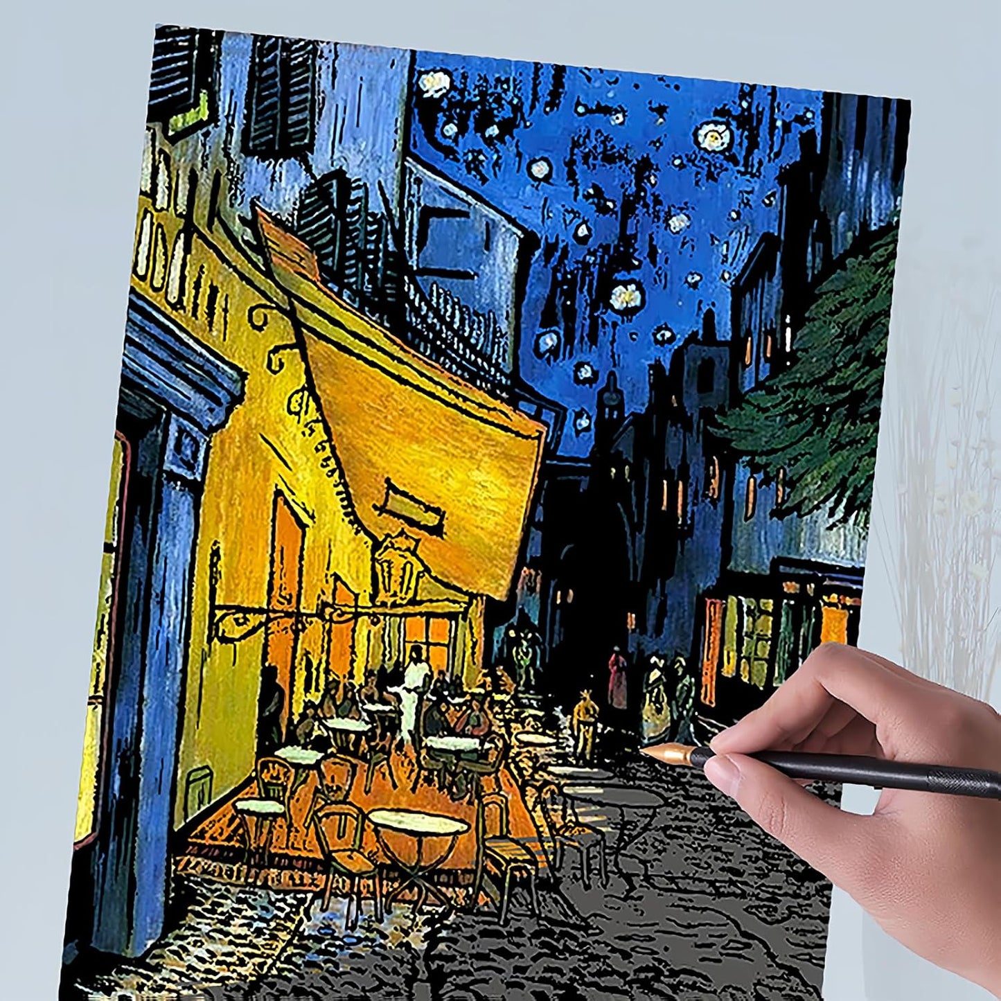 Scratch Art Painting 4 Pcs Vincent Van Gogh Scratch Rainbow Paper Set for Adults and Kids, DIY Sketch Card Engraving Craft Night View Scratchboard with 4 Tools - Cafe Terrace, Sunflowers, Starry Night