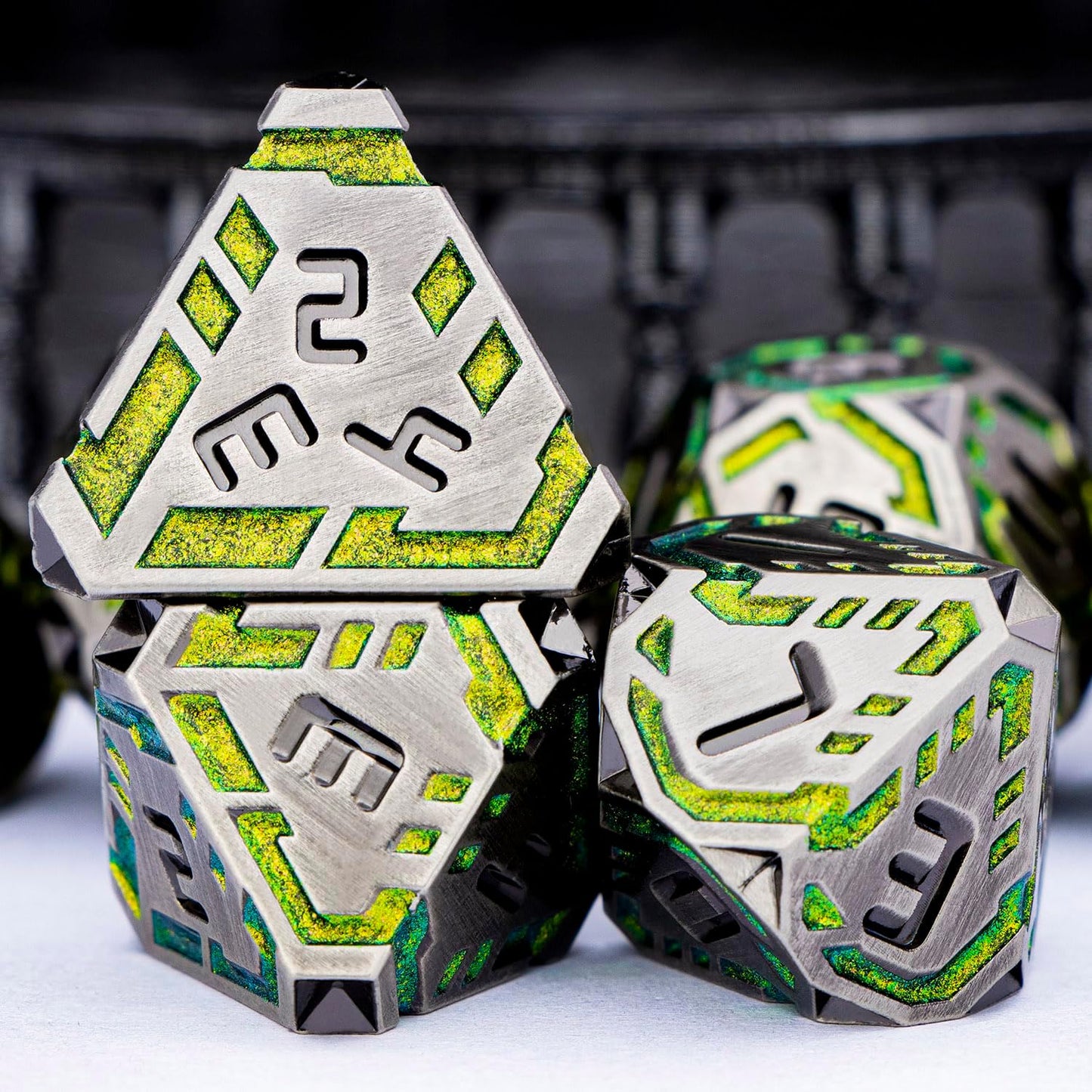Metal DND Sci-fi Dice Set 7PCS Stripe Polyhedral Dice for Dungeons Dragons RPG Role Playing Game, Glitter D and D Dice with Gift Box D6 D8 D10 D12 D20 (Grey&Green Yellow)
