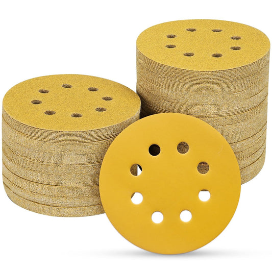 100PCS 5 Inch 8 Hole Sanding Discs 600 Grit,Gold Round Hook and Loop Sandpaper for Random Orbital Sander