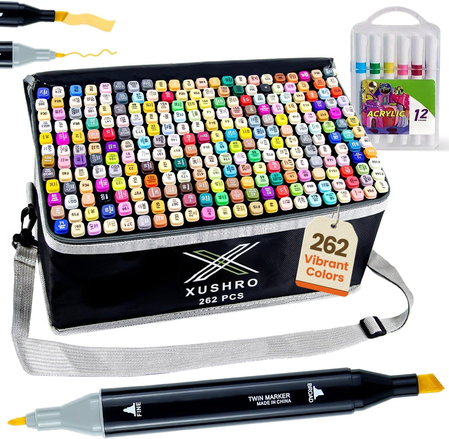 262-Piece Dual Tip Alcohol Markers Set with 12 Free Acrylic Paint Markers - No Bleed, Vibrant Colors for Drawing - Fine & Chisel Tips with Organizing Case - Blending Markers for Adults & Kids