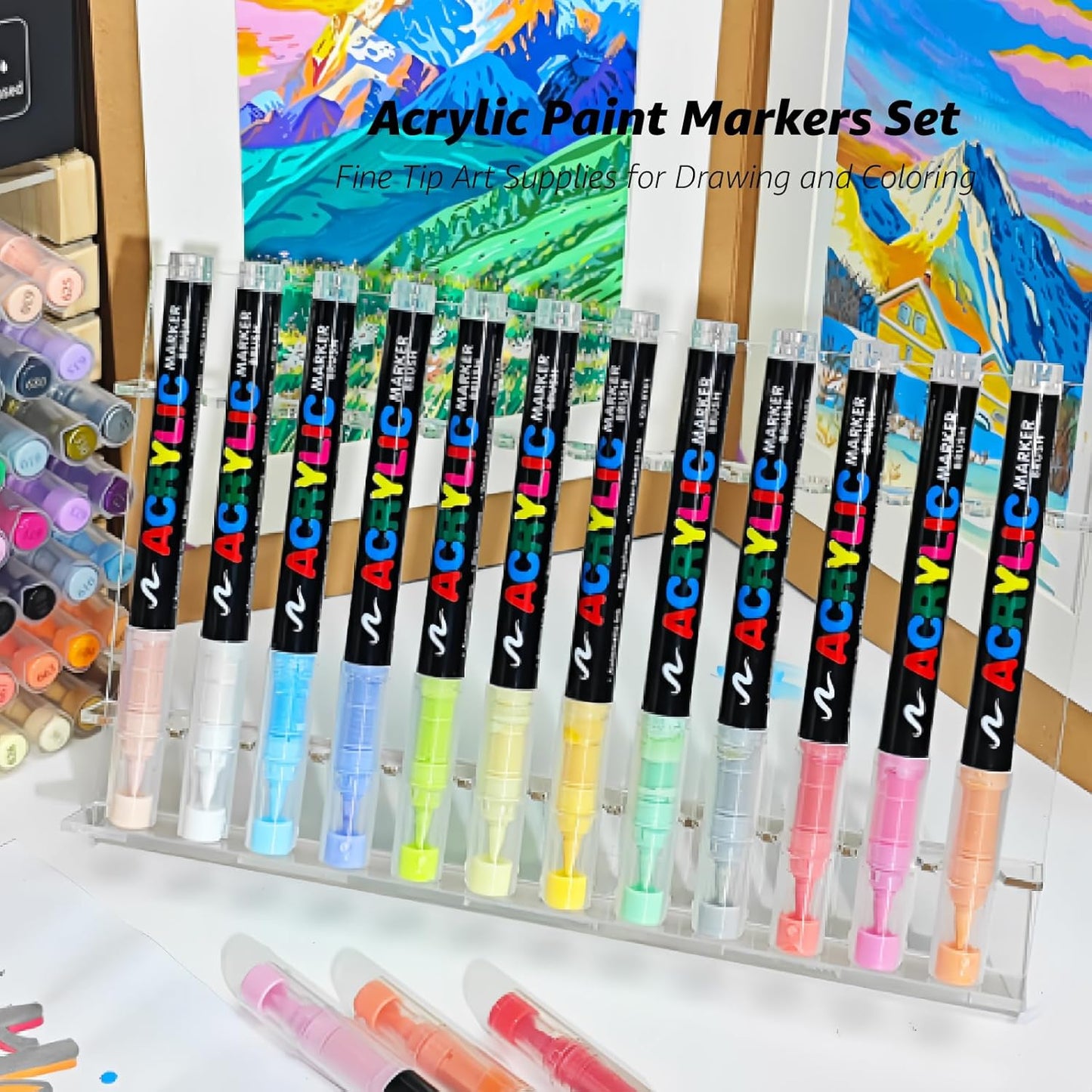 36 Colors No bleeding Non-Toxic Multi-Surface Flexible Tip Acrylic Paint Brush Markers Set, Water-Based Painting Art Pens for Canvas, Glass, Wood, Paper, Ceramic