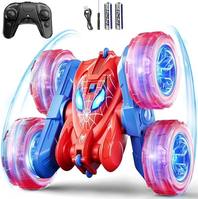 Spider Remote Control Car, 360° Stunt RC Cars for Kids Ages 6-12 Double-Sided Rotation, 4WD Cool Wheel Lights&2.4GHz Control; Rechargeable Electric Race Car Toys Gift for Boys Girls (Red&Blue)