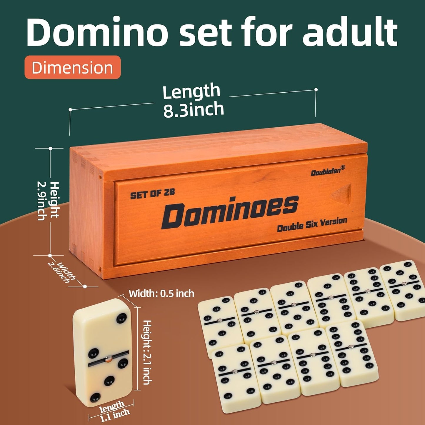 Dominos Set for Adults, Jumbo Size Double 6 Dominoes Set, Classic Board Game for Adults and Elderly, Double Six Thick Size Domino with Spinner 28 Tiles in Exclusive Brown Wooden Box.