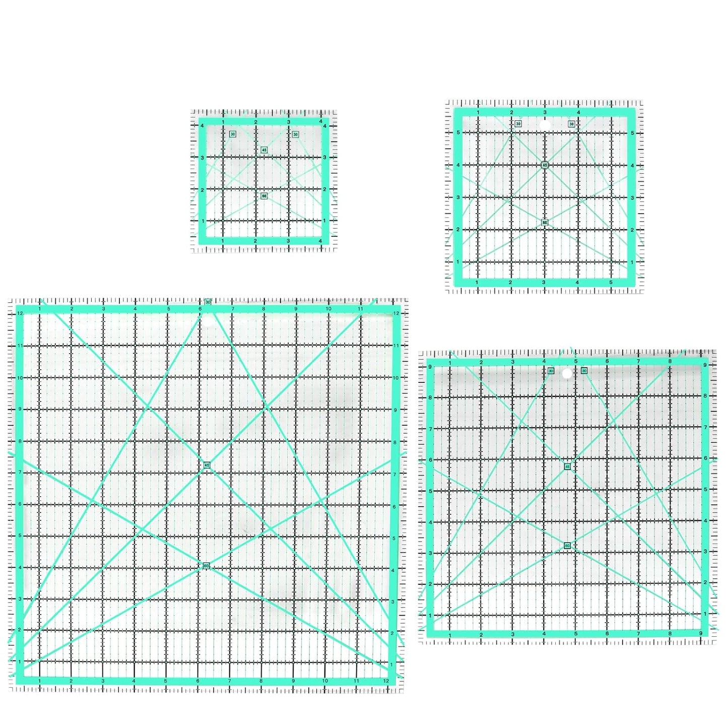 MANUFORE 4pcs Square Quilting Ruler (12.5”/ 9.5”/ 6”/ 4.5”) Sewing Acrylic Ruler Anti-Slip Metric Ruler DIY Quilting Tools with Clear Printed Lines for Precise Cutting